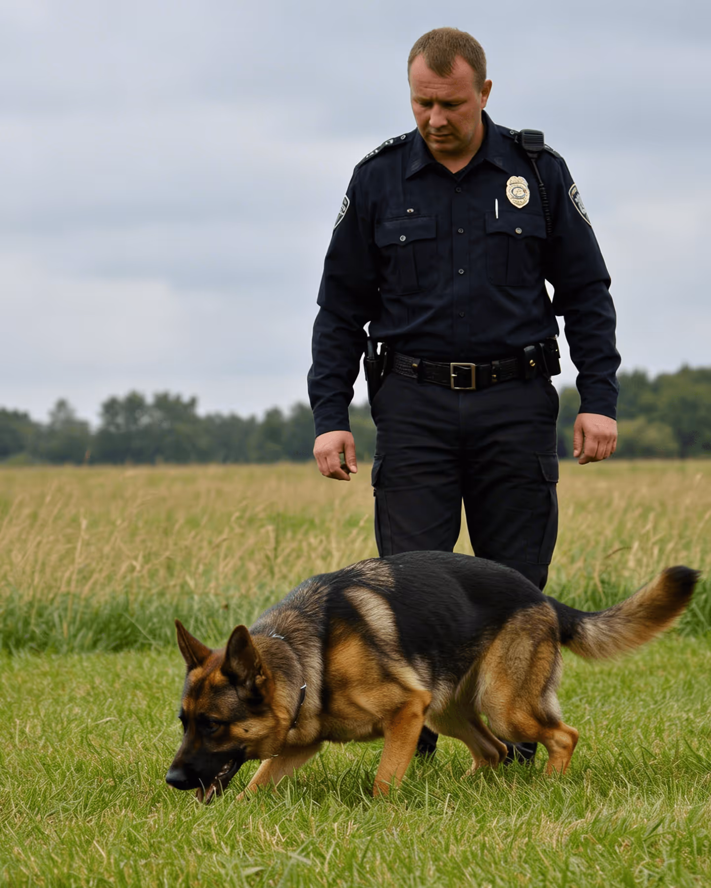 Police officer in uniform standing on grass watching a German shepherd sniff the ground.