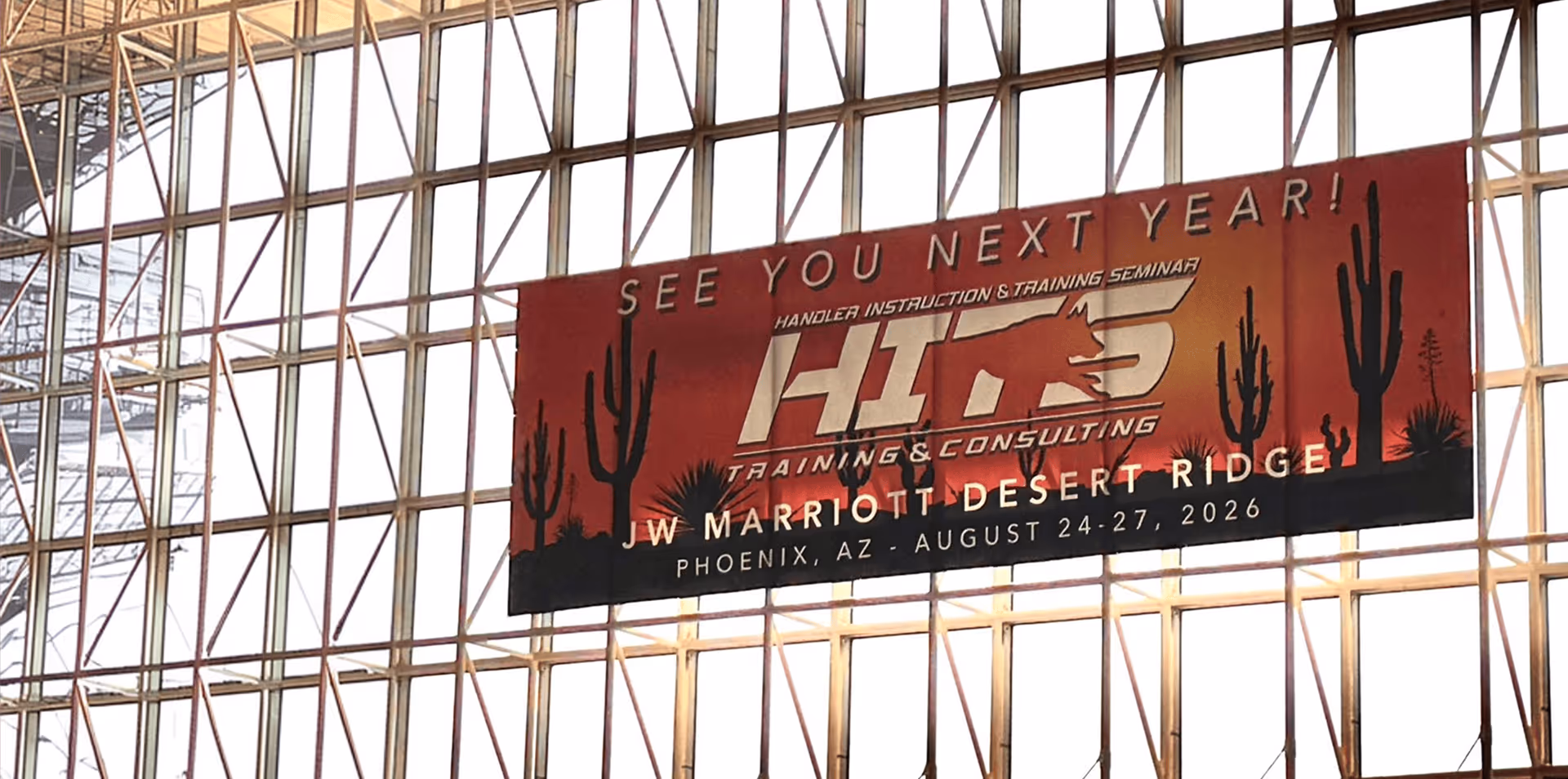 HITS 2026 conference banner announcing the Handler Instruction and Training Seminar at JW Marriott Desert Ridge in Phoenix, Arizona