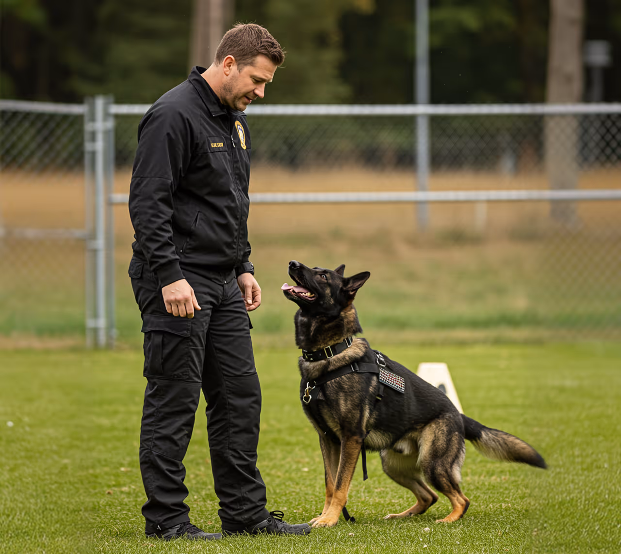 Police officer in black uniform training a German shepherd dog wearing a harness on grass field.