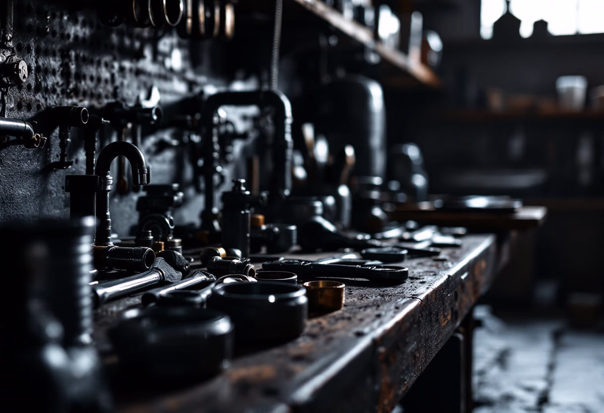 image of tools organized on a workbench (for a plumbing service)