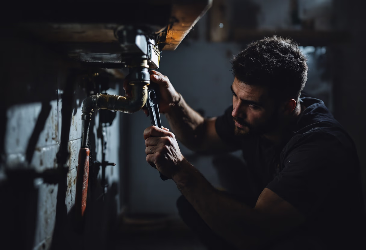 image of plumber working under a sink