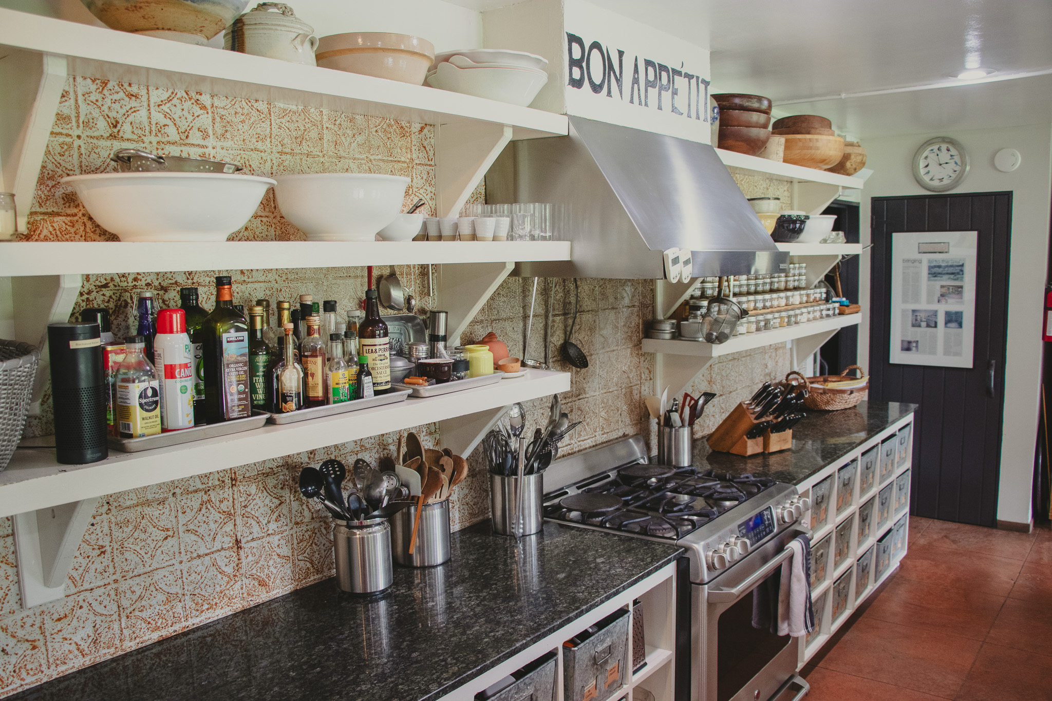 A teaching kitchen shot along its length