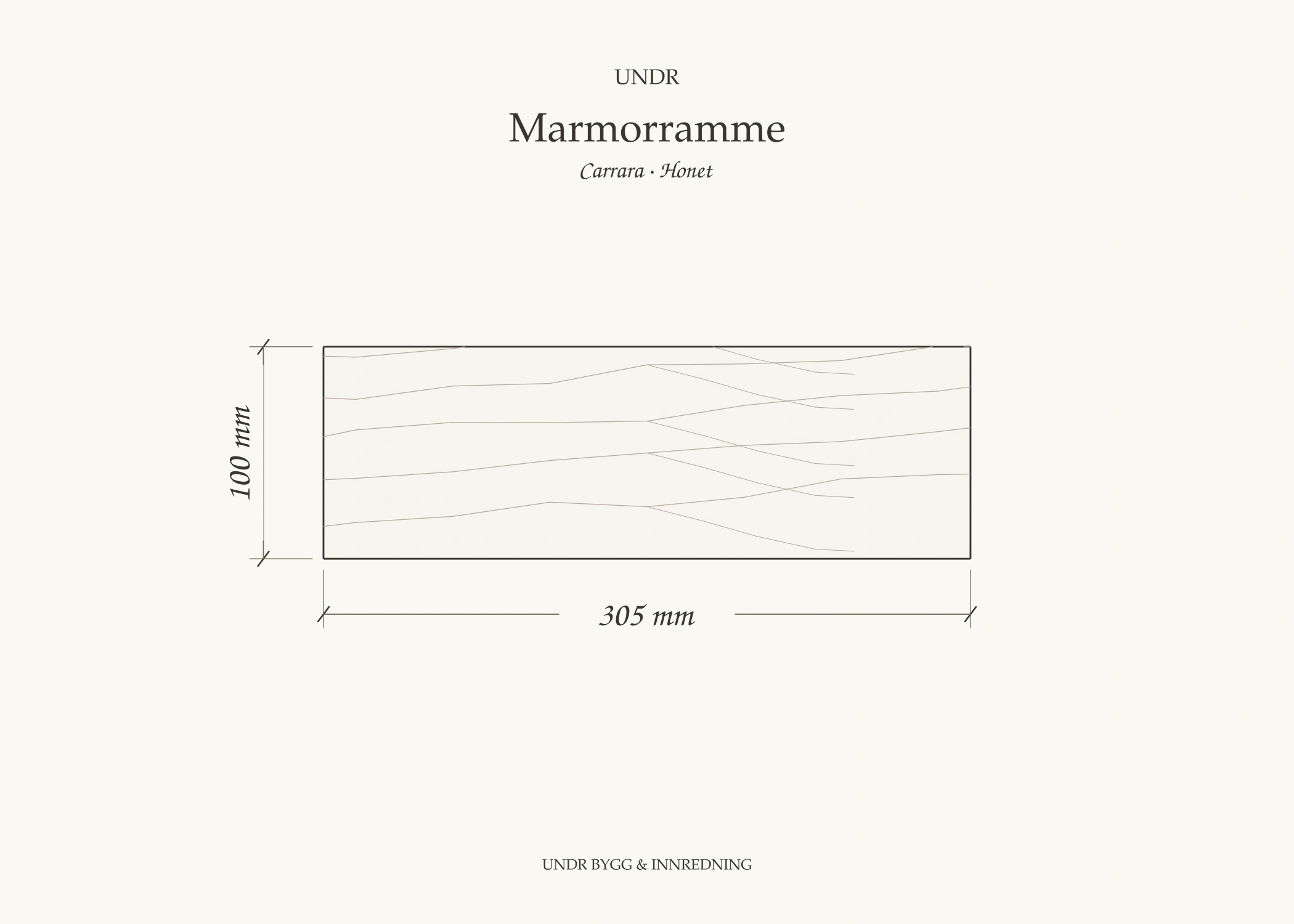 Målskisse av honet marmorramme i Carrara, 100 × 305 mm
