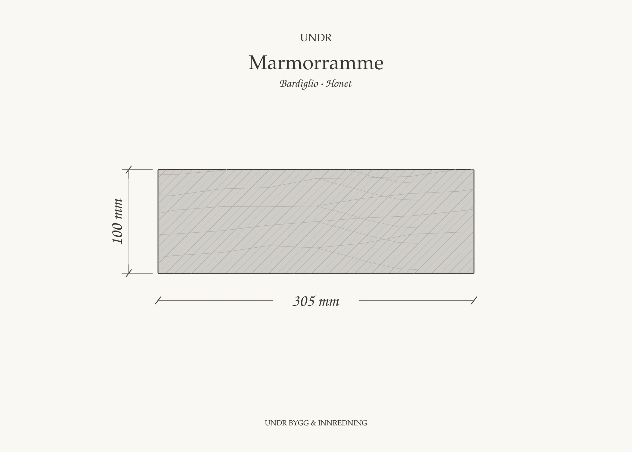 Målskisse av honet marmorramme i Bardiglio, 100 × 305 mm