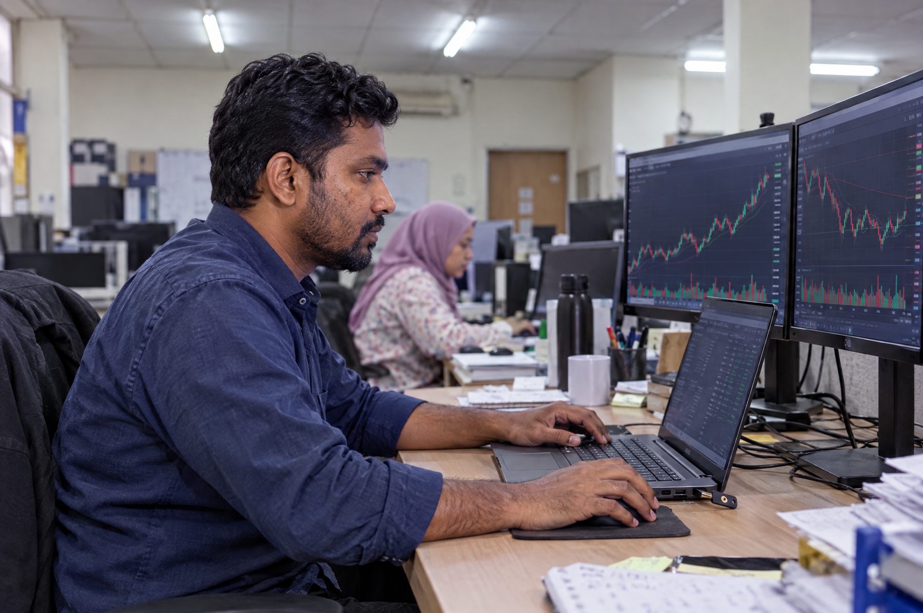 Trader monitoring digital asset charts in a Kuala Lumpur fintech office, digital asset insurance Malaysia