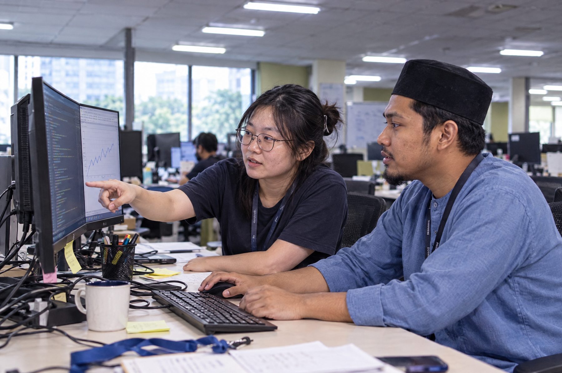 Software engineers reviewing model output in a Petaling Jaya tech office, AI and technology liability insurance Malaysia