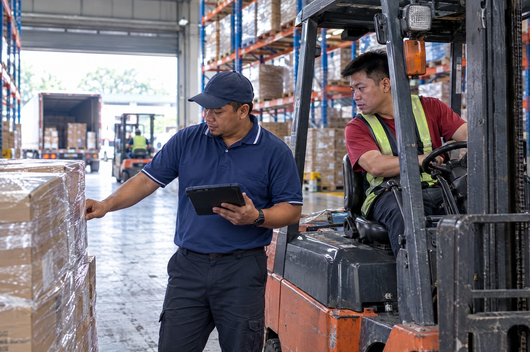 Warehouse supervisor checking stock with a forklift driver in Shah Alam, trade credit insurance Malaysia