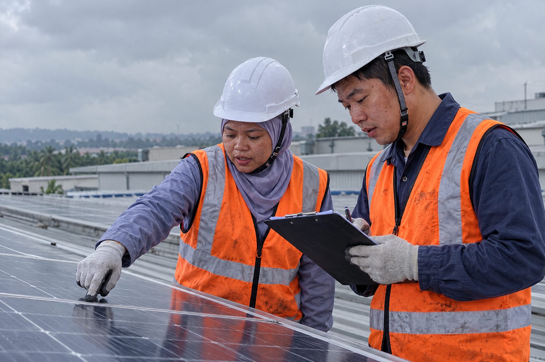Engineers inspecting rooftop solar panels at a factory in Selangor, ESG and sustainability insurance Malaysia