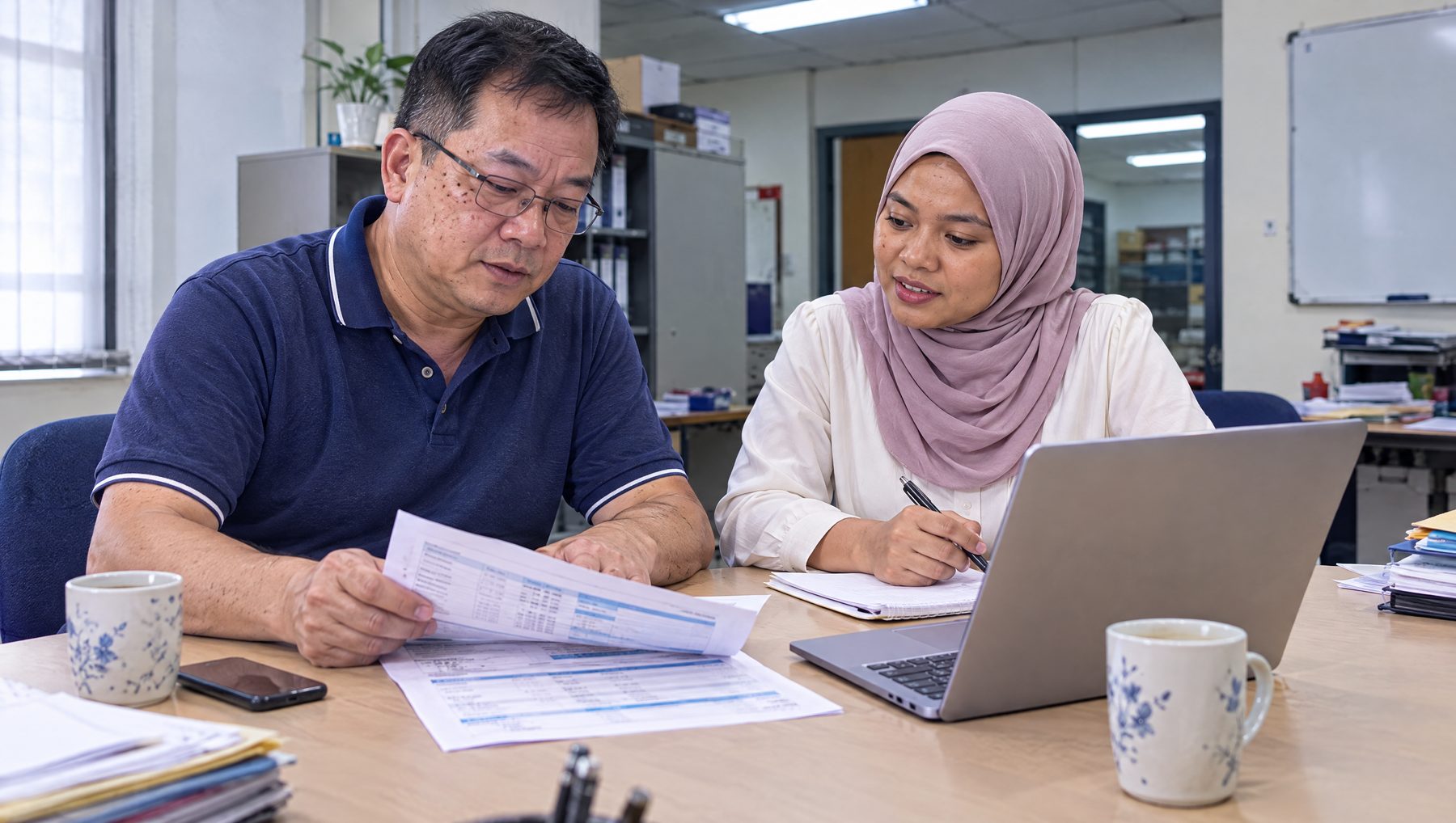 Business owner and finance executive reviewing a trade credit insurance quotation in Puchong, Malaysia