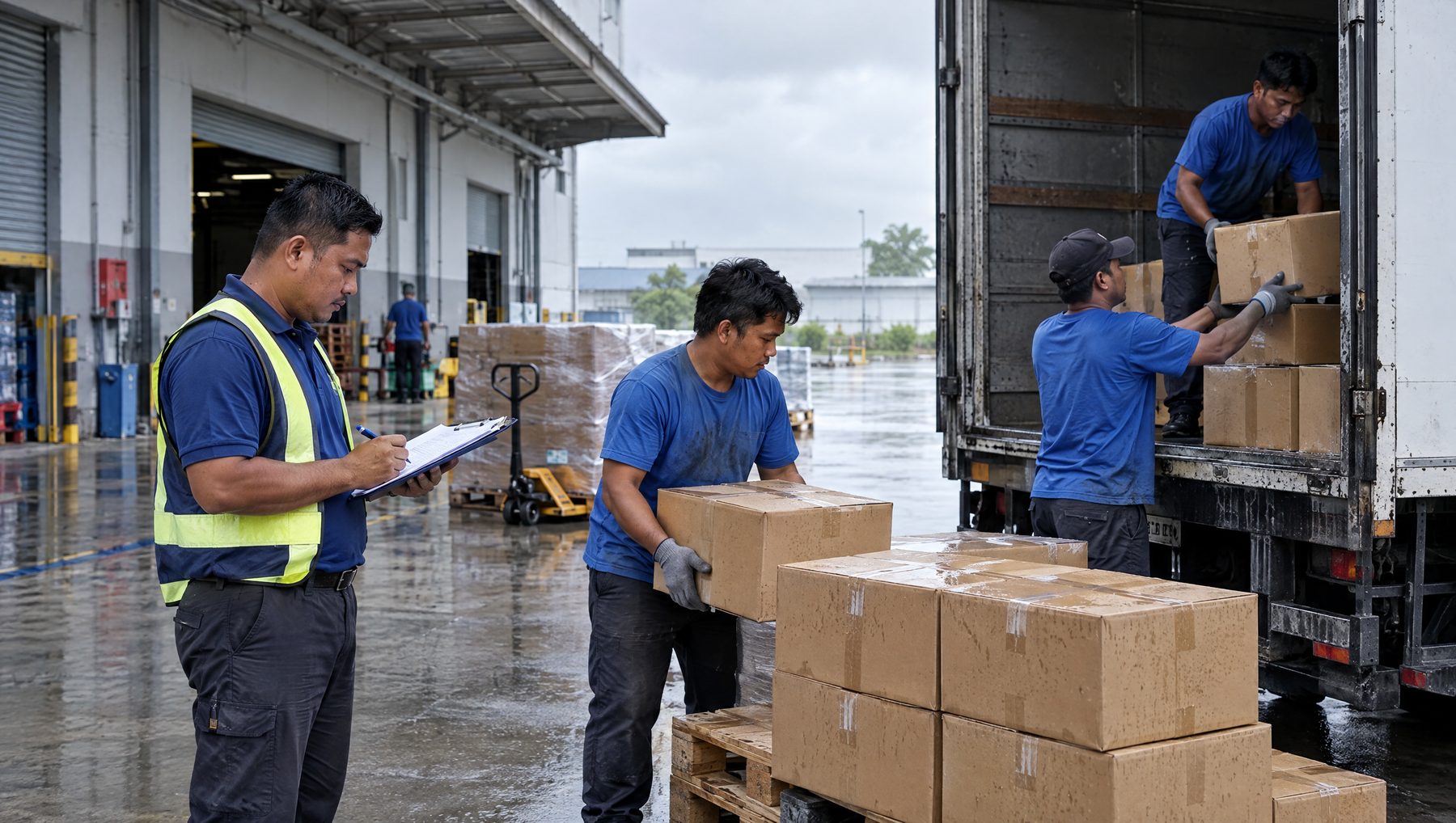 Warehouse workers loading goods onto a lorry for a customer delivery in Shah Alam, trade credit insurance Malaysia