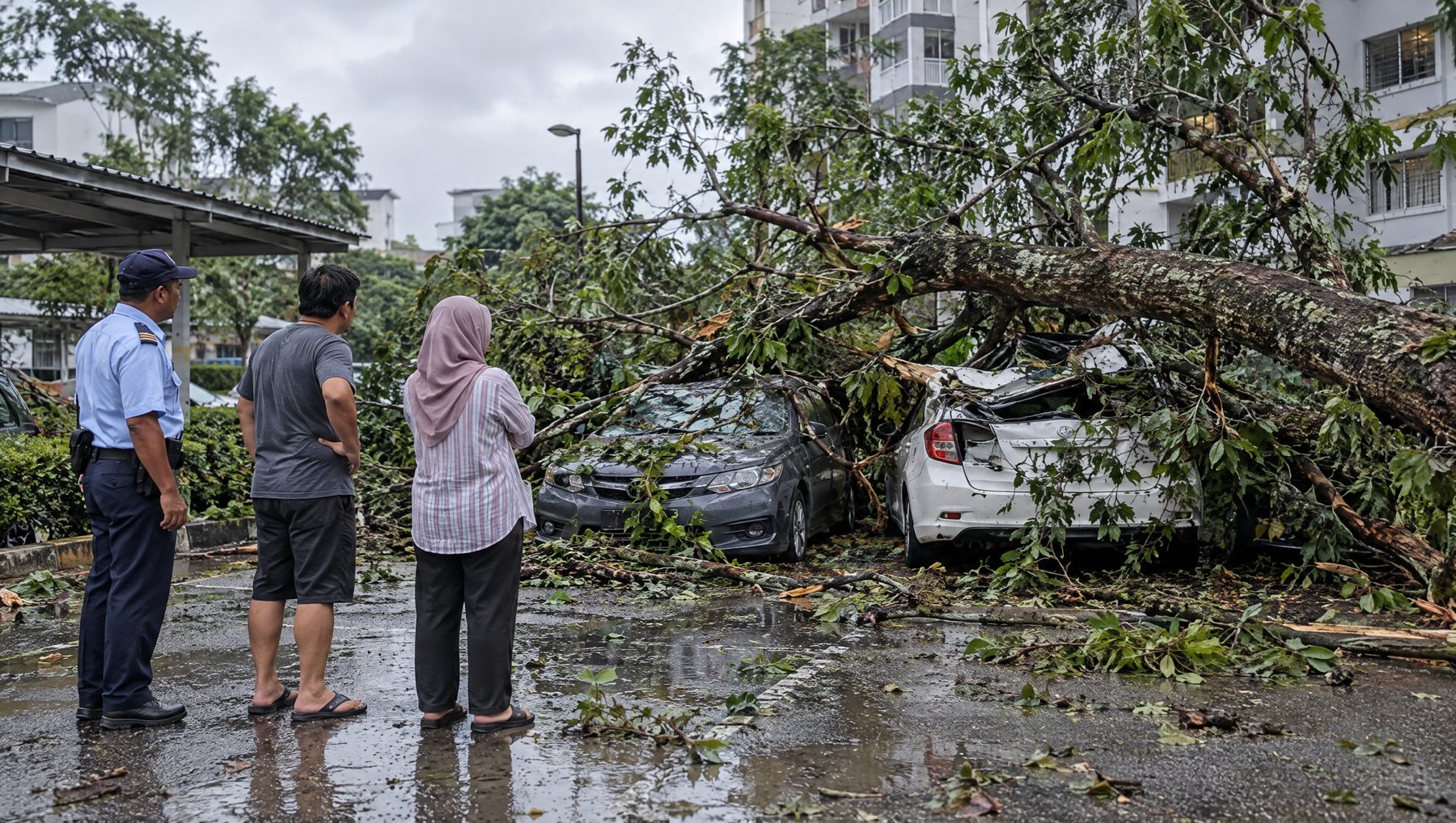 Fallen tree on cars at a condominium car park after a storm in Selangor, natural catastrophe insurance