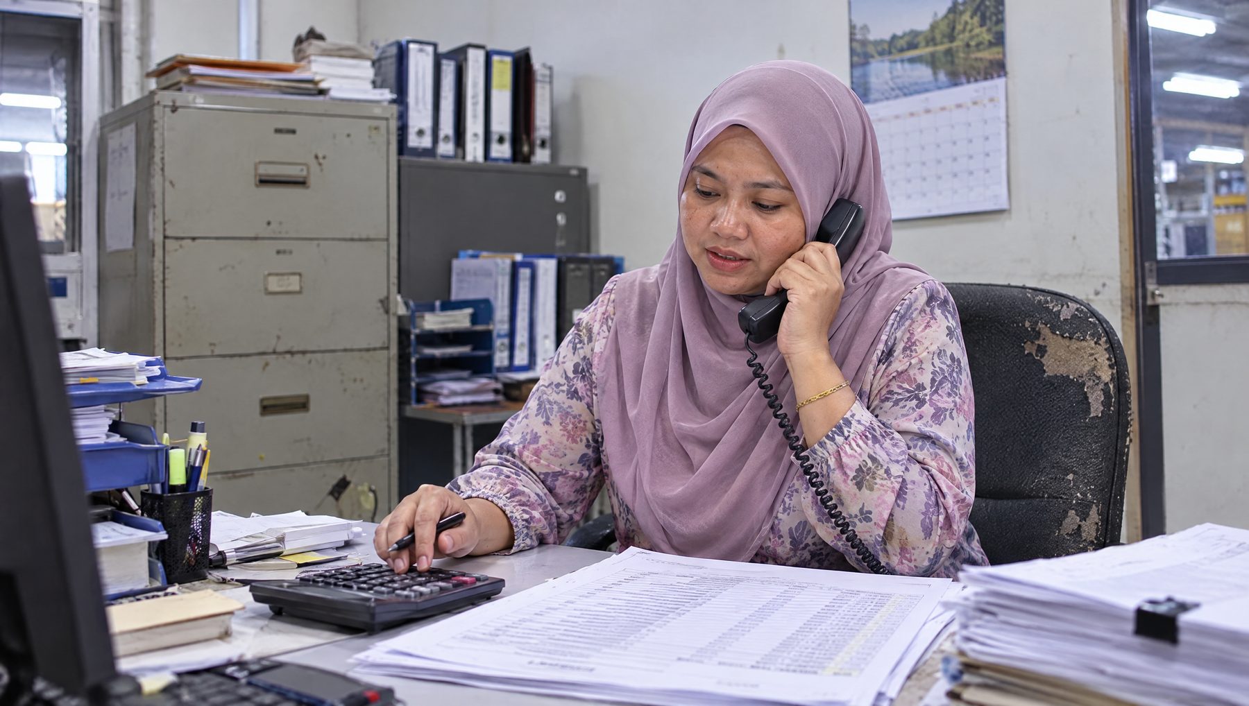 Finance manager chasing an overdue customer payment by phone in a Klang office, trade credit insurance claim Malaysia