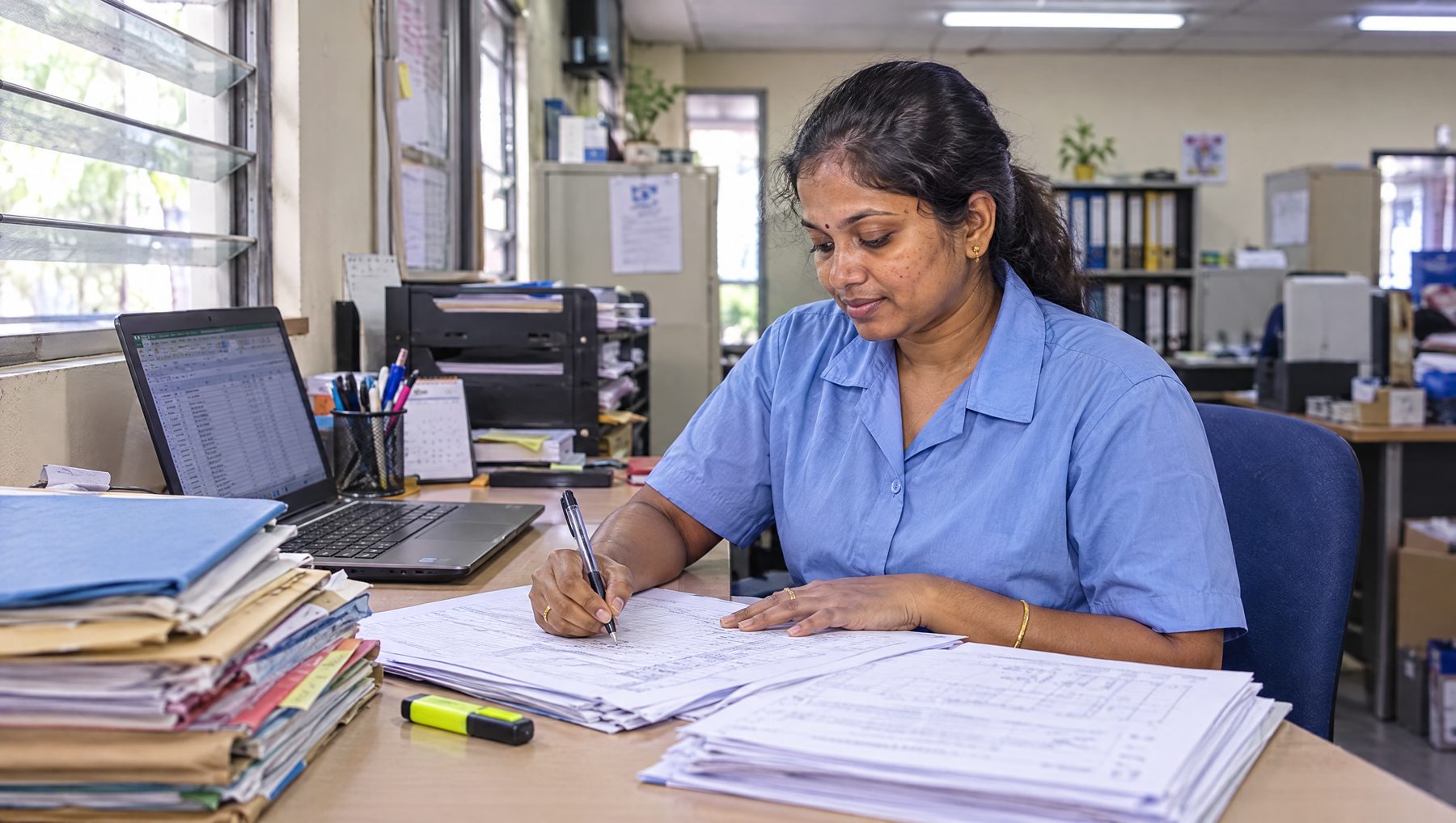 Accountant filling in a trade credit insurance proposal form in a Petaling Jaya office