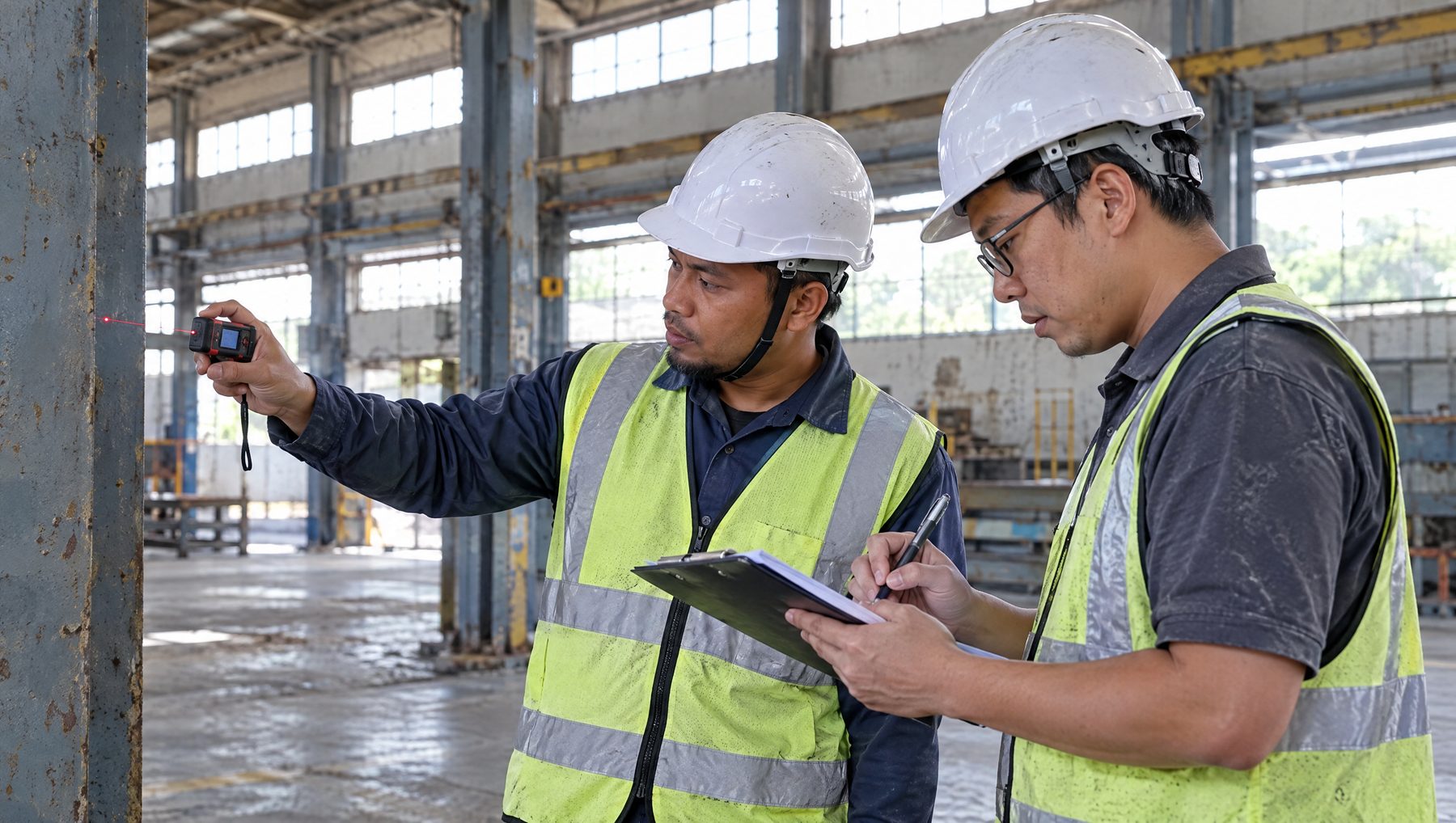 Quantity surveyors measuring a factory building for a rebuild cost valuation, commercial property underinsurance