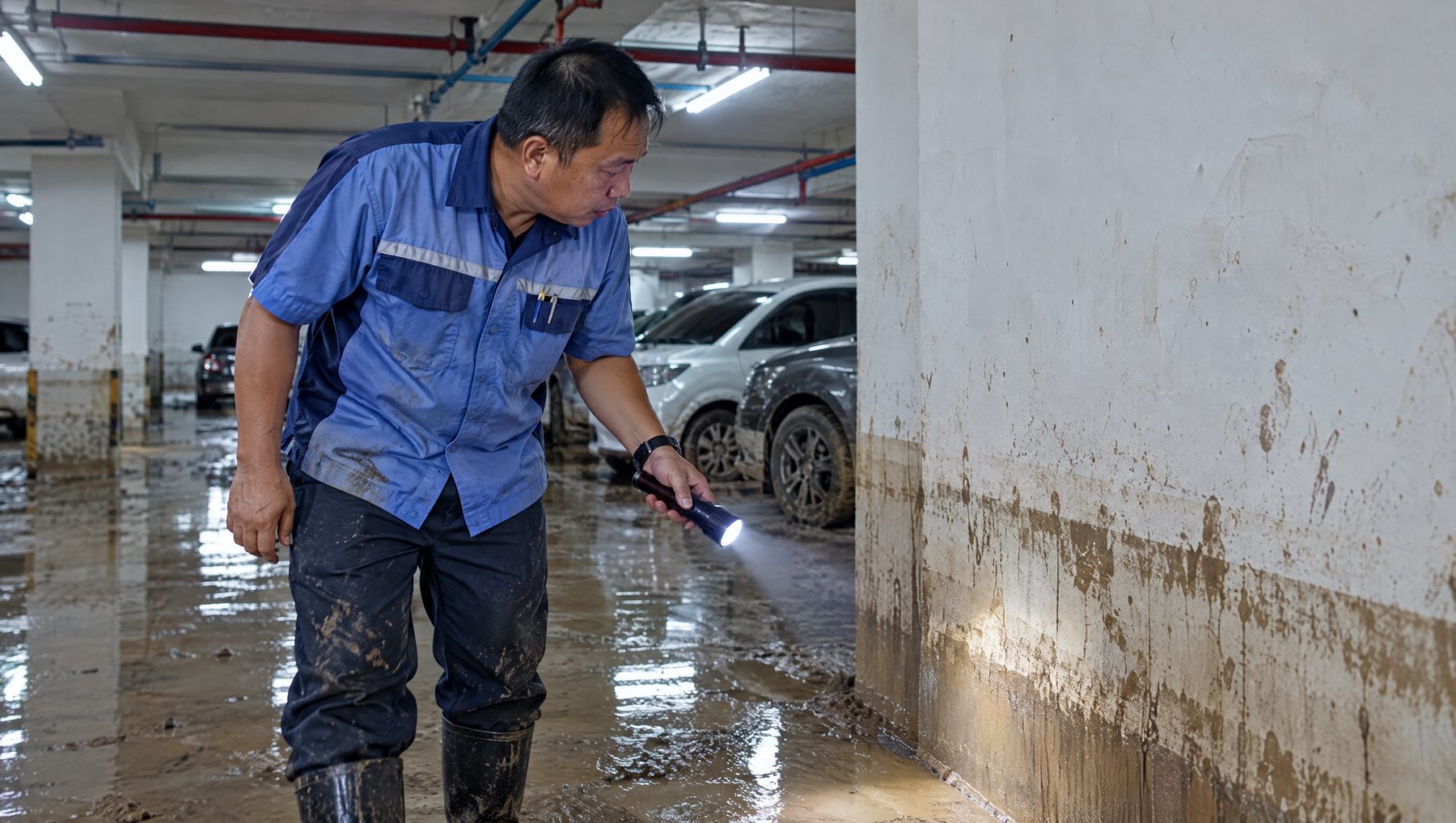Facilities manager inspecting flood damage in a Kuala Lumpur basement car park, climate physical risk for real estate