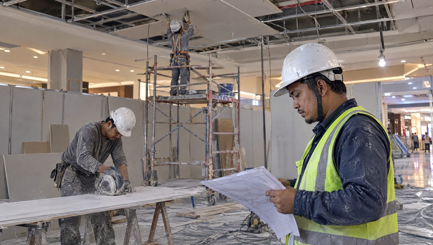 Contractors refurbishing a shopping mall interior in Kuala Lumpur, contractors all risks insurance