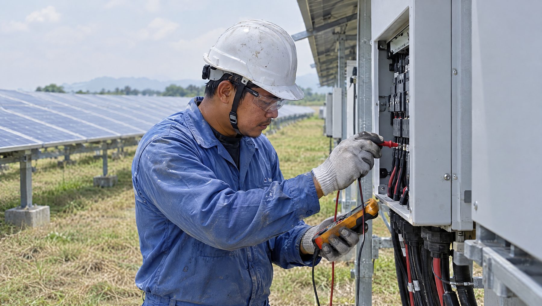 Technician testing an inverter at a solar farm in Kedah, solar power project insurance Malaysia