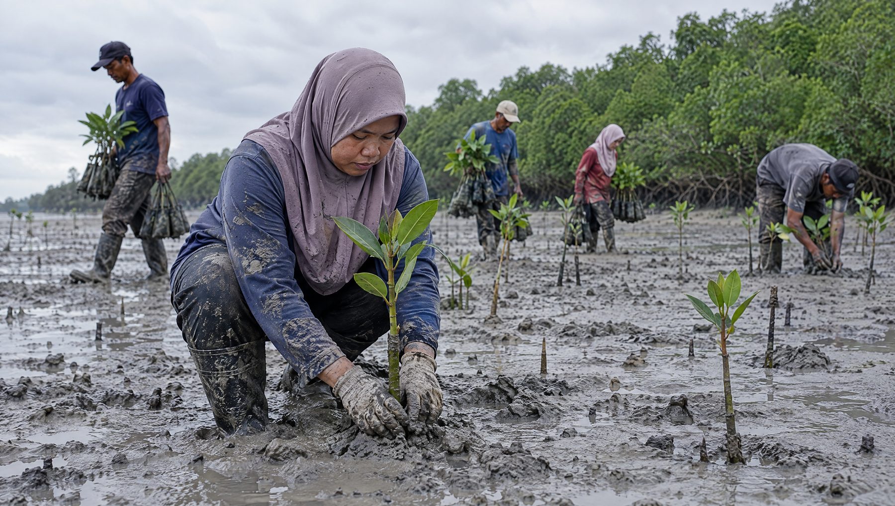 Villagers planting mangrove seedlings on a Selangor mudflat, carbon credit insurance Southeast Asia