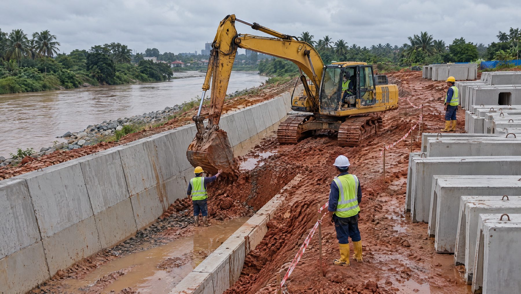Excavator building a concrete flood drainage channel beside a river, flood mitigation infrastructure insurance Malaysia