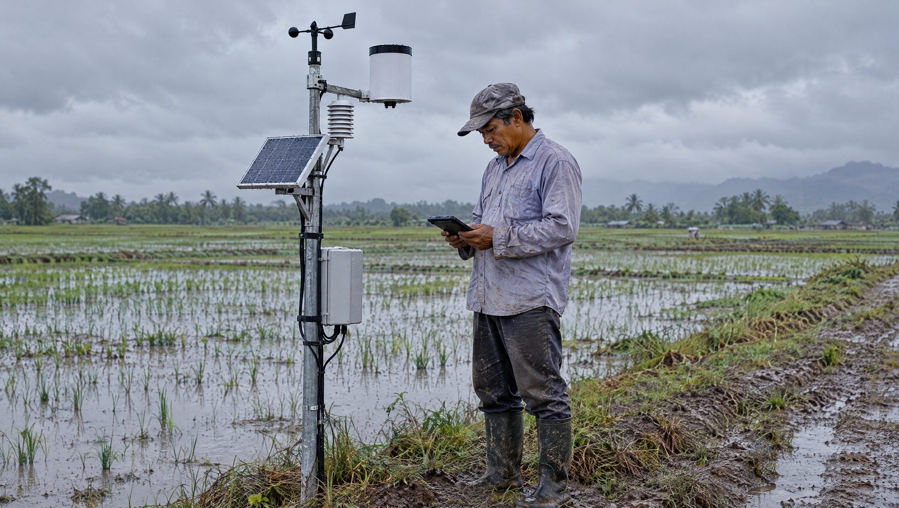 Farmer beside a rainfall weather station at a flooded padi field in Kedah, parametric climate insurance Asia
