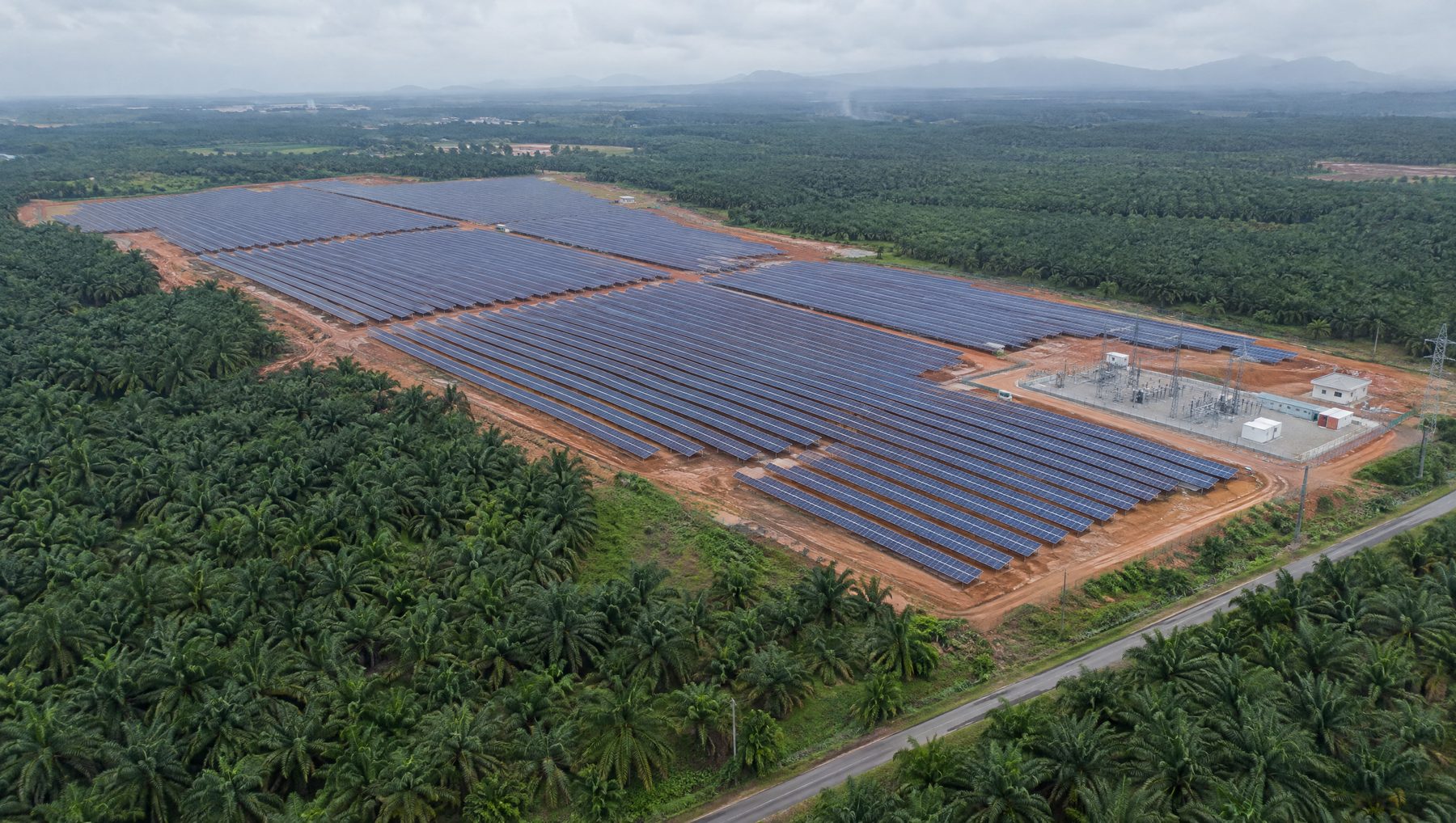 Aerial view of a large-scale solar farm among oil palm plantations in Kedah, renewable energy insurance Malaysia