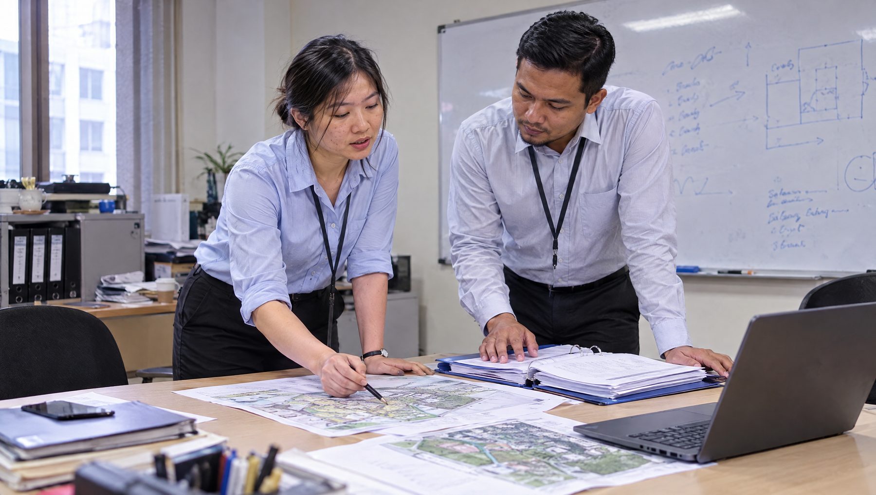 Real estate asset managers reviewing property site plans and policies in Kuala Lumpur, cross-border property insurance