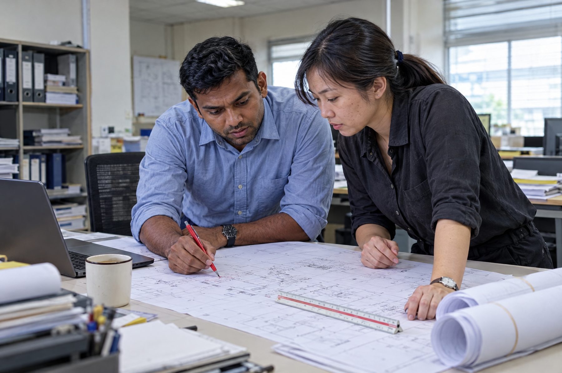 Engineer and architect reviewing technical drawings in a Petaling Jaya consultancy, professional indemnity insurance Malaysia