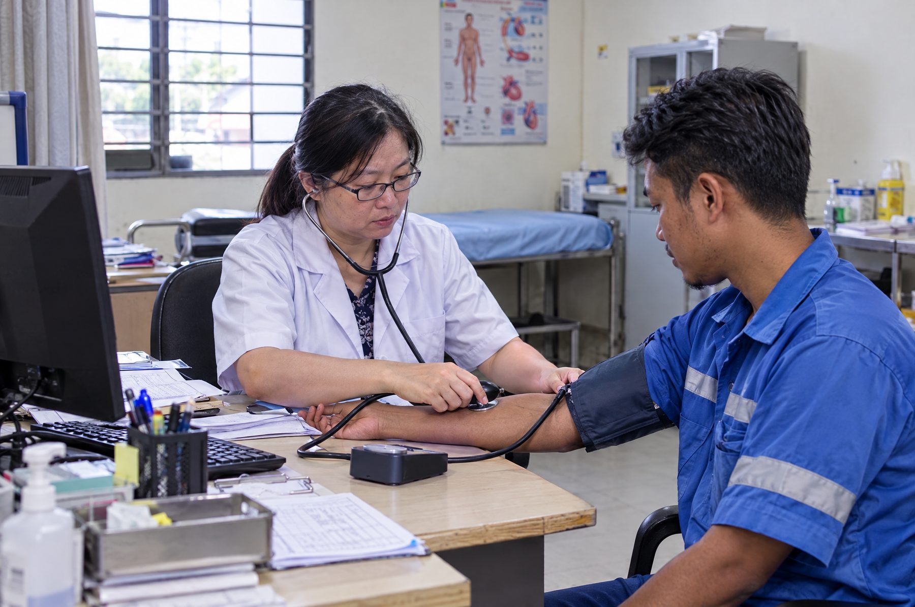 Panel clinic doctor checking a factory worker's blood pressure in Shah Alam, employee benefits insurance Malaysia