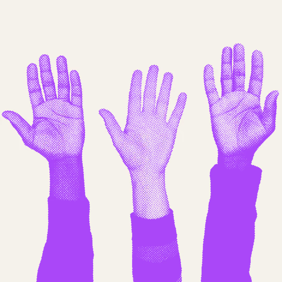 Three purple halftone-style raised hands with palms facing forward on a light background.