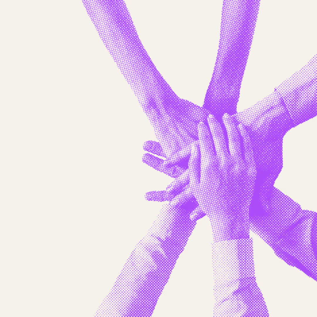 Multiple hands stacked together symbolizing teamwork and collaboration, shown in a purple halftone effect on a light background.