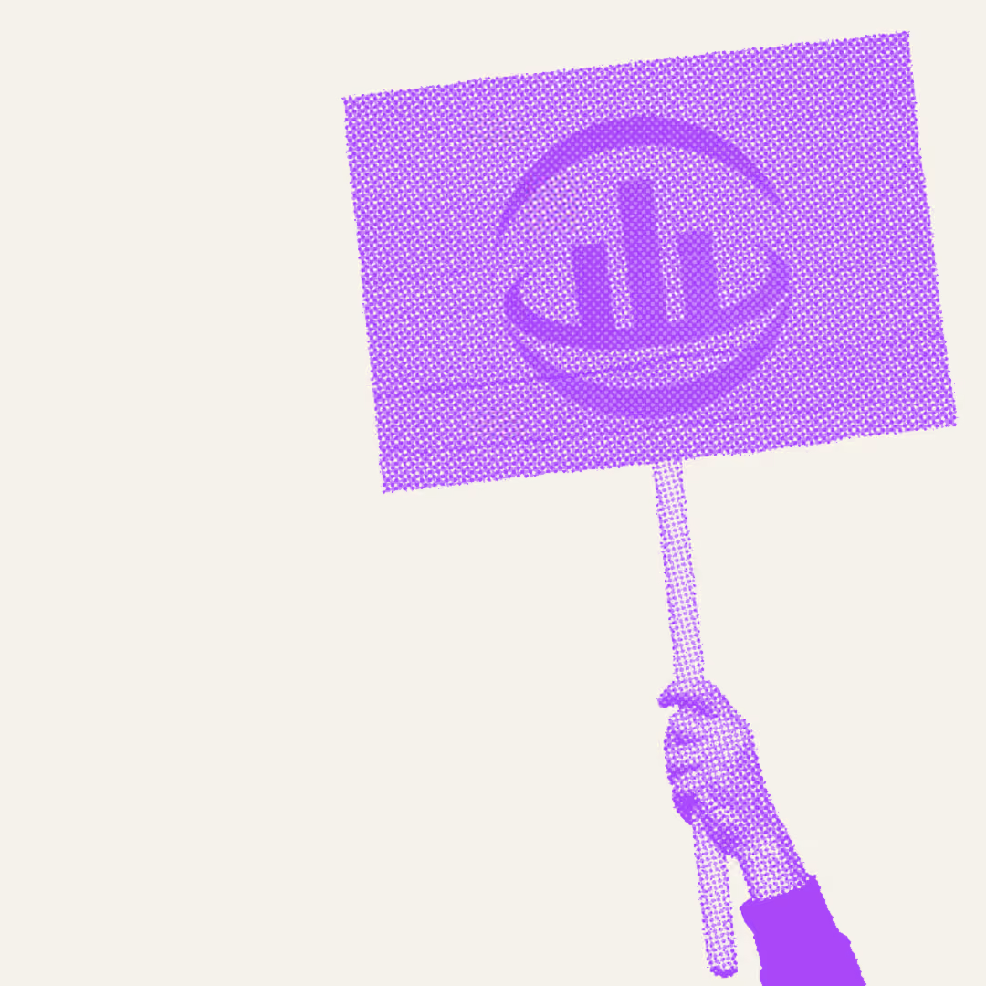A stylized hand holding a rectangular sign with the Independent PAC logo on it, all in purple halftone dots on a light background.