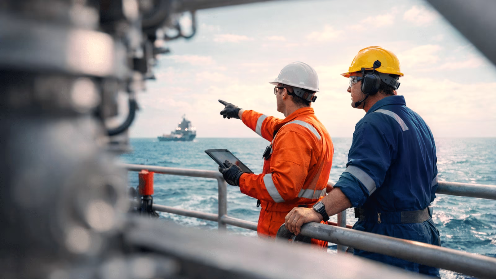 Engineers onboard a vessel surveying the environment.