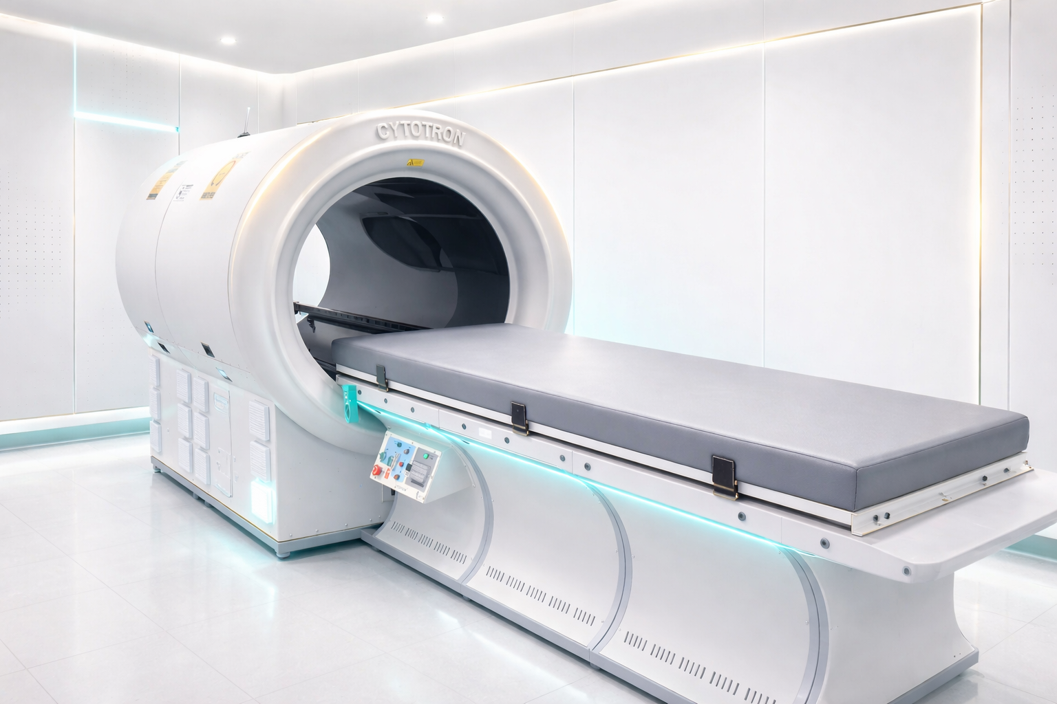 Modern CT scanner machine with a flat padded table in a clean, white medical room.