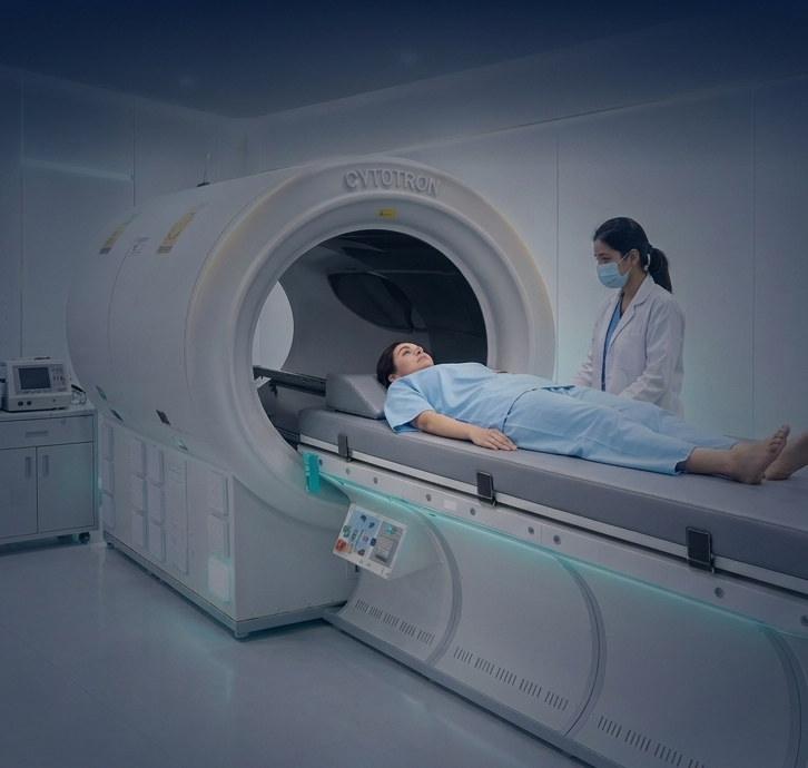 Patient lying on a hospital bed before entering a large CT scanner with a masked healthcare worker nearby.