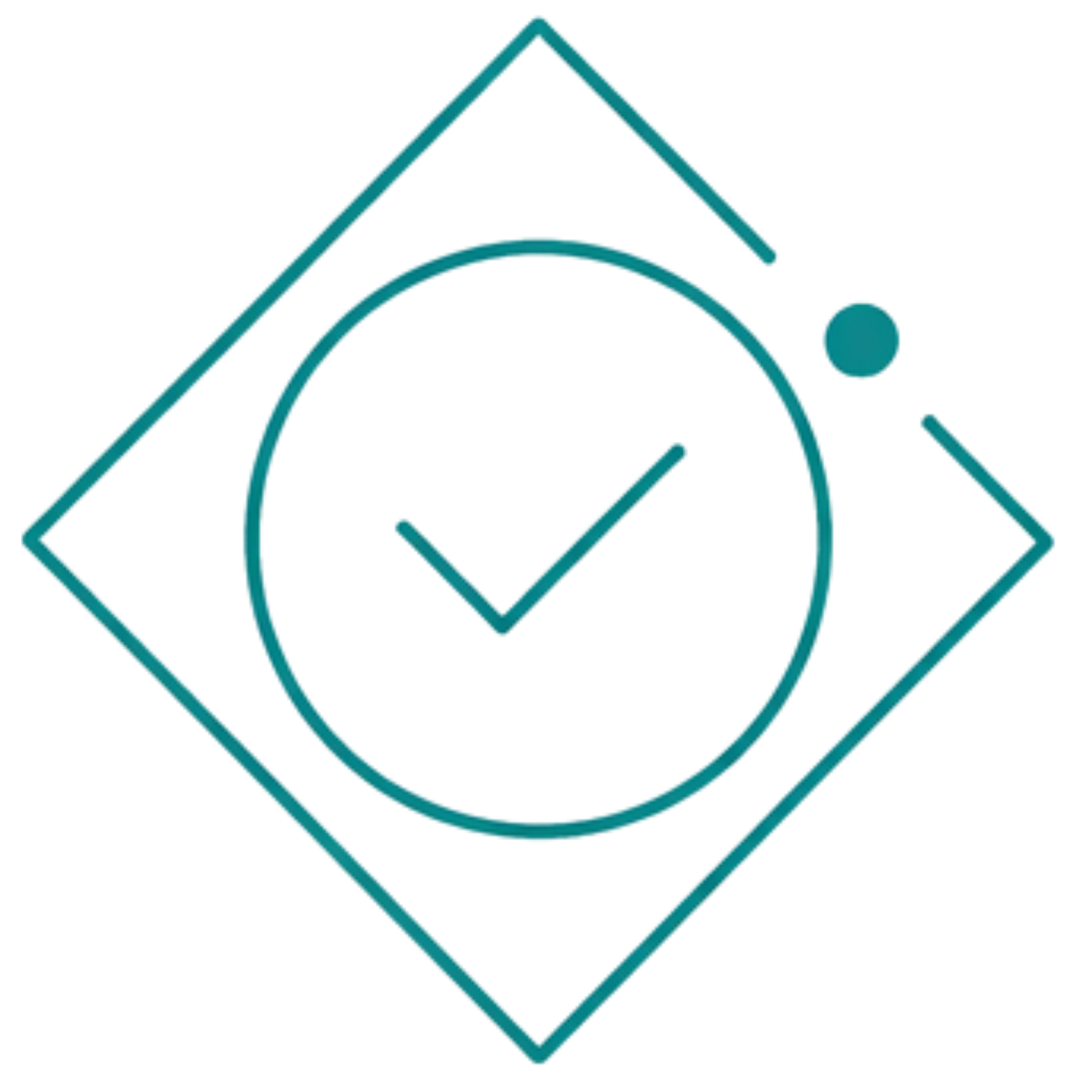 Checkmark inside a circle over a tilted diamond with a small solid circle near the top right corner.