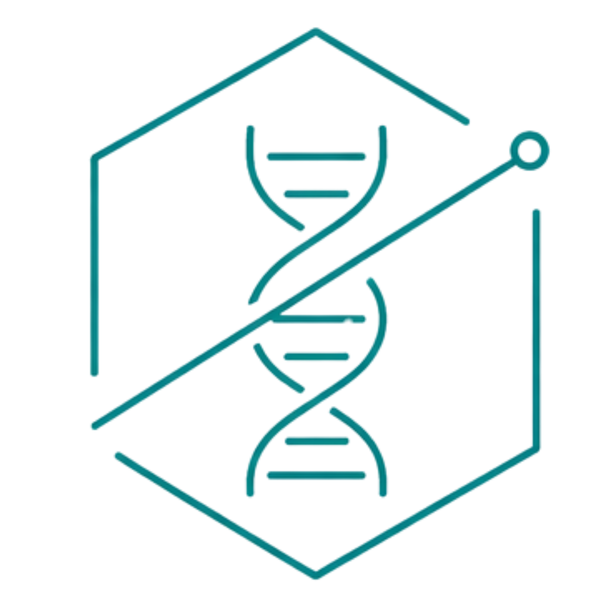 Hexagon outline with a DNA strand crossed out by a diagonal line ending in a circle.