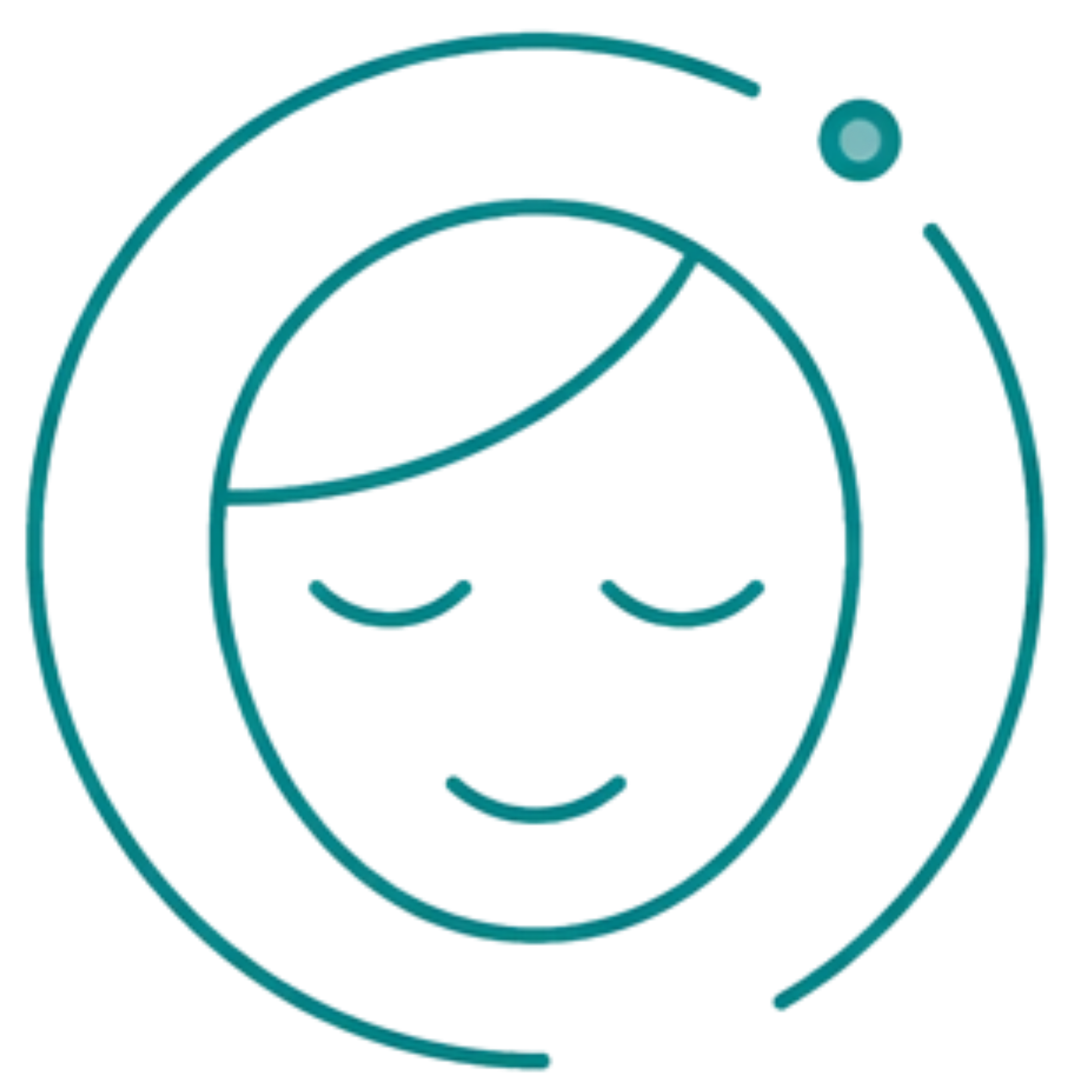 Outline of a peaceful face with closed eyes surrounded by two curved lines and a small circle.