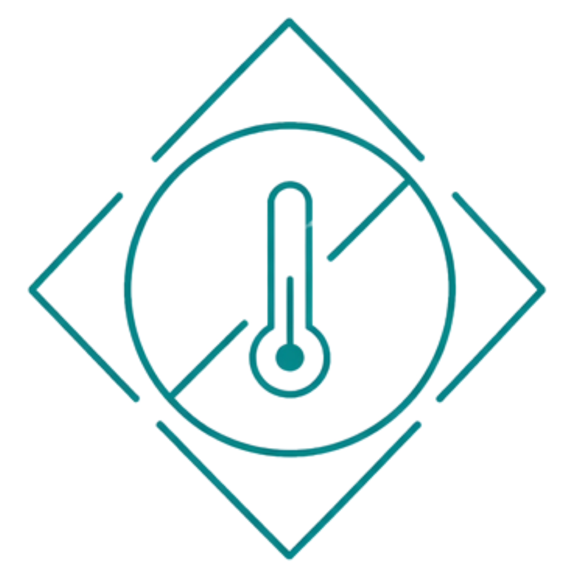 Thermometer icon enclosed in a circle inside a diamond-shaped frame.