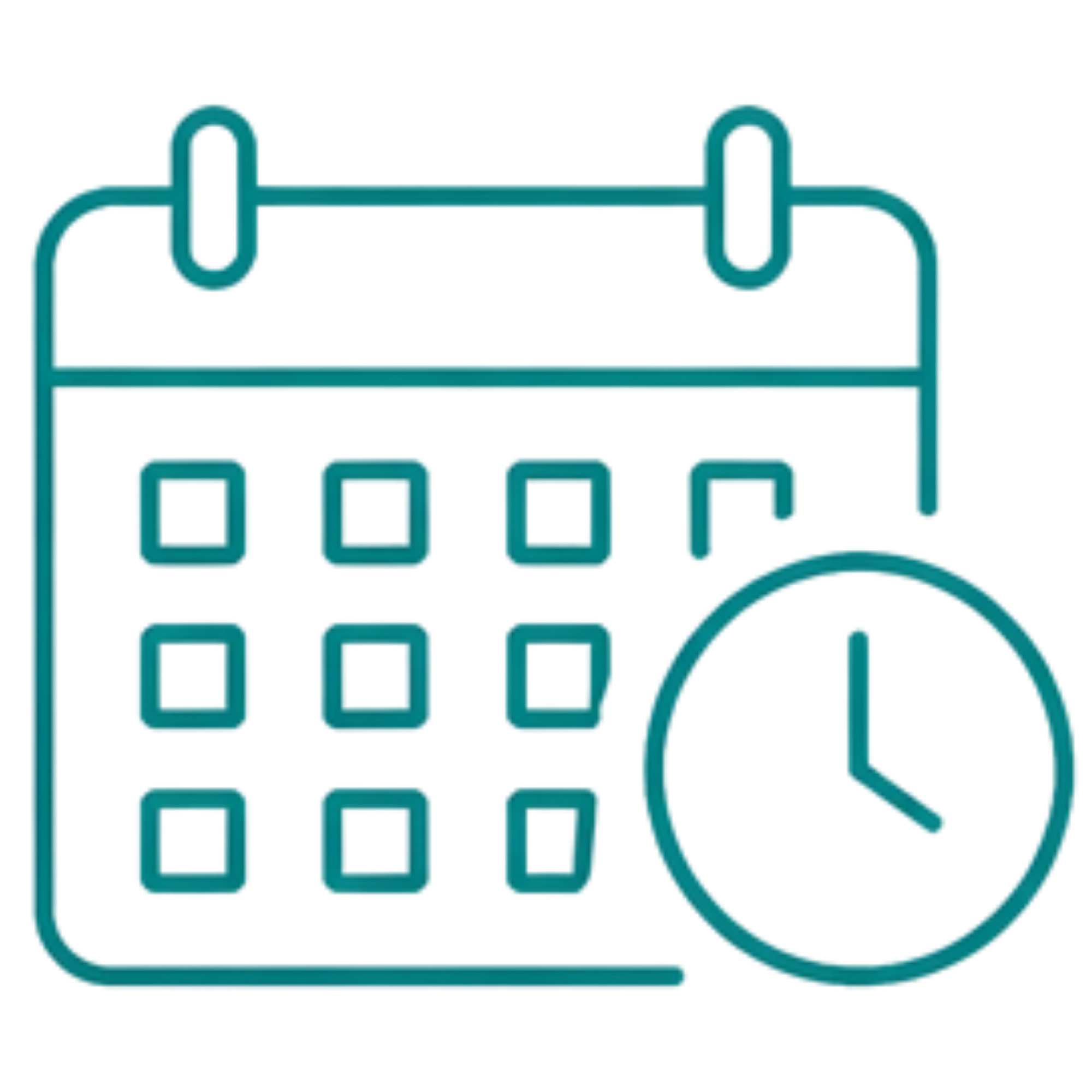 Calendar icon with grid and clock symbol indicating scheduling or time management.