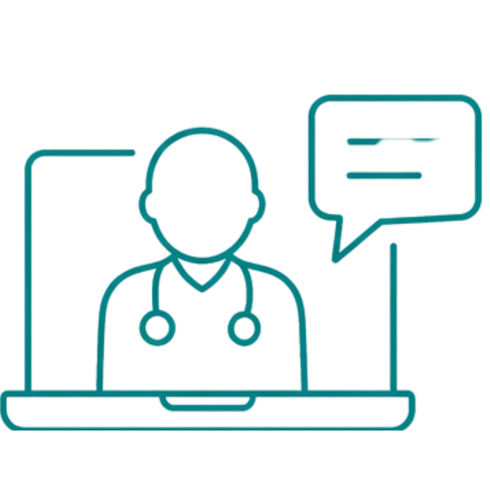 Outline of a doctor with a stethoscope on a laptop screen with a speech bubble symbolizing online consultation.