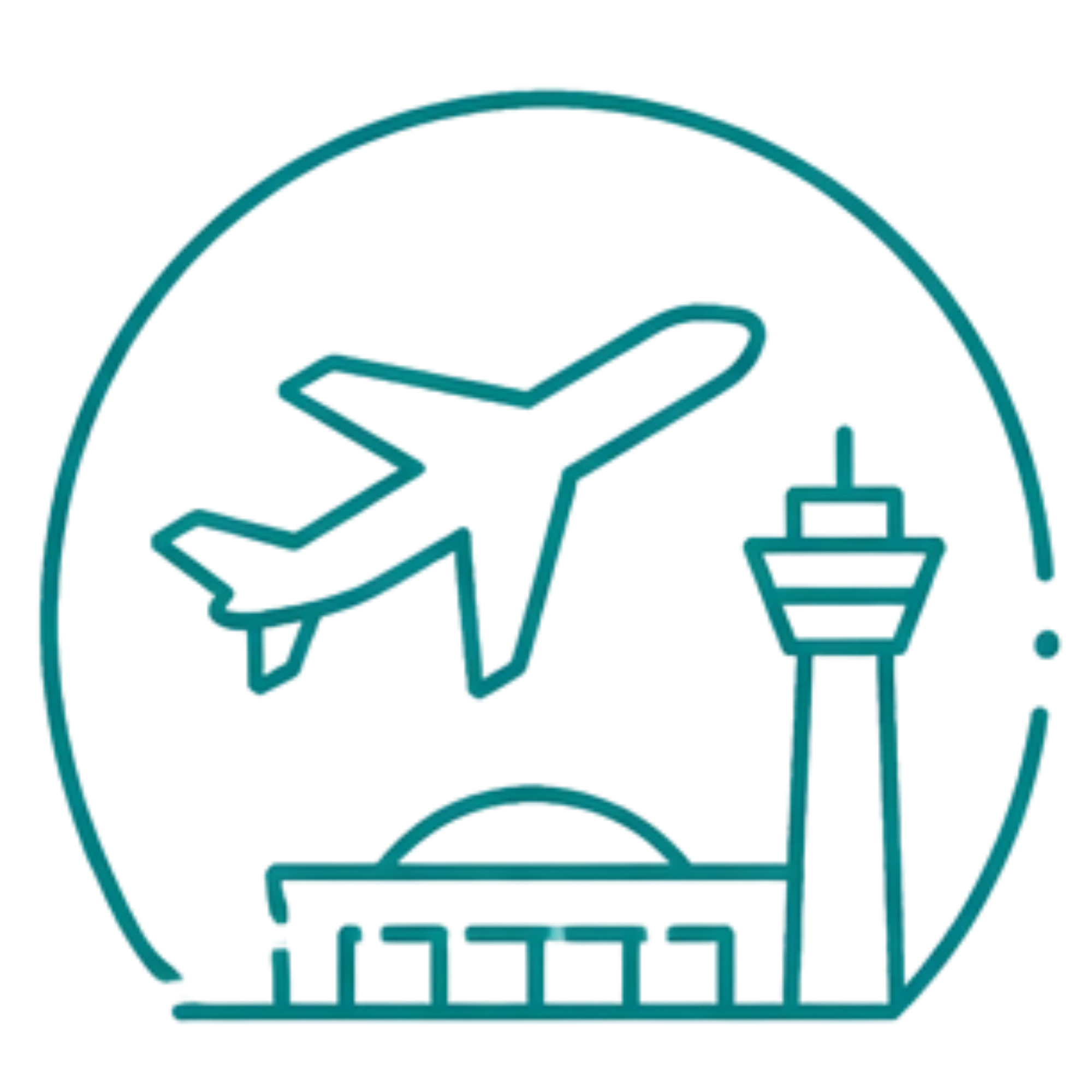 Line icon showing an airplane flying over an airport control tower and terminal inside a circular outline.