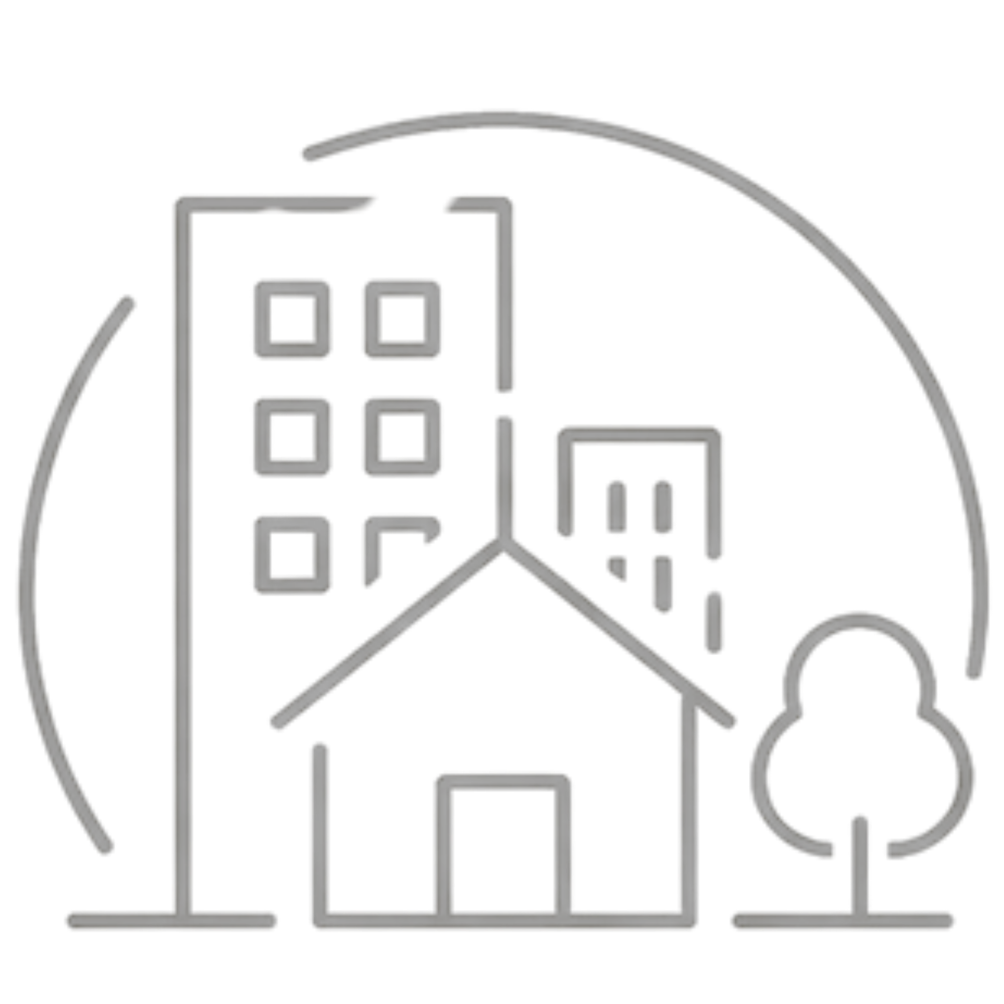 Outline of a house, two buildings, a tree, and an arc above them.