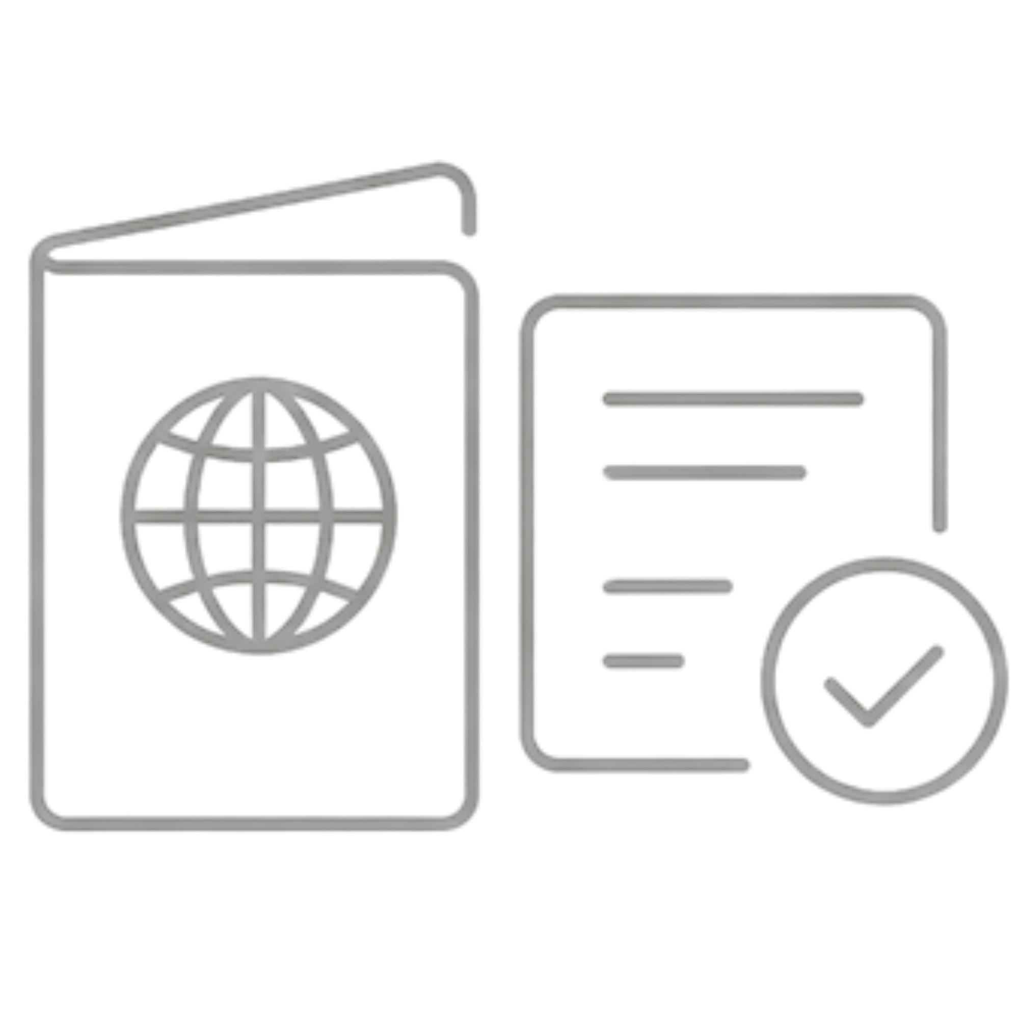 Icon of a passport with a globe and a document with a checkmark beside it.