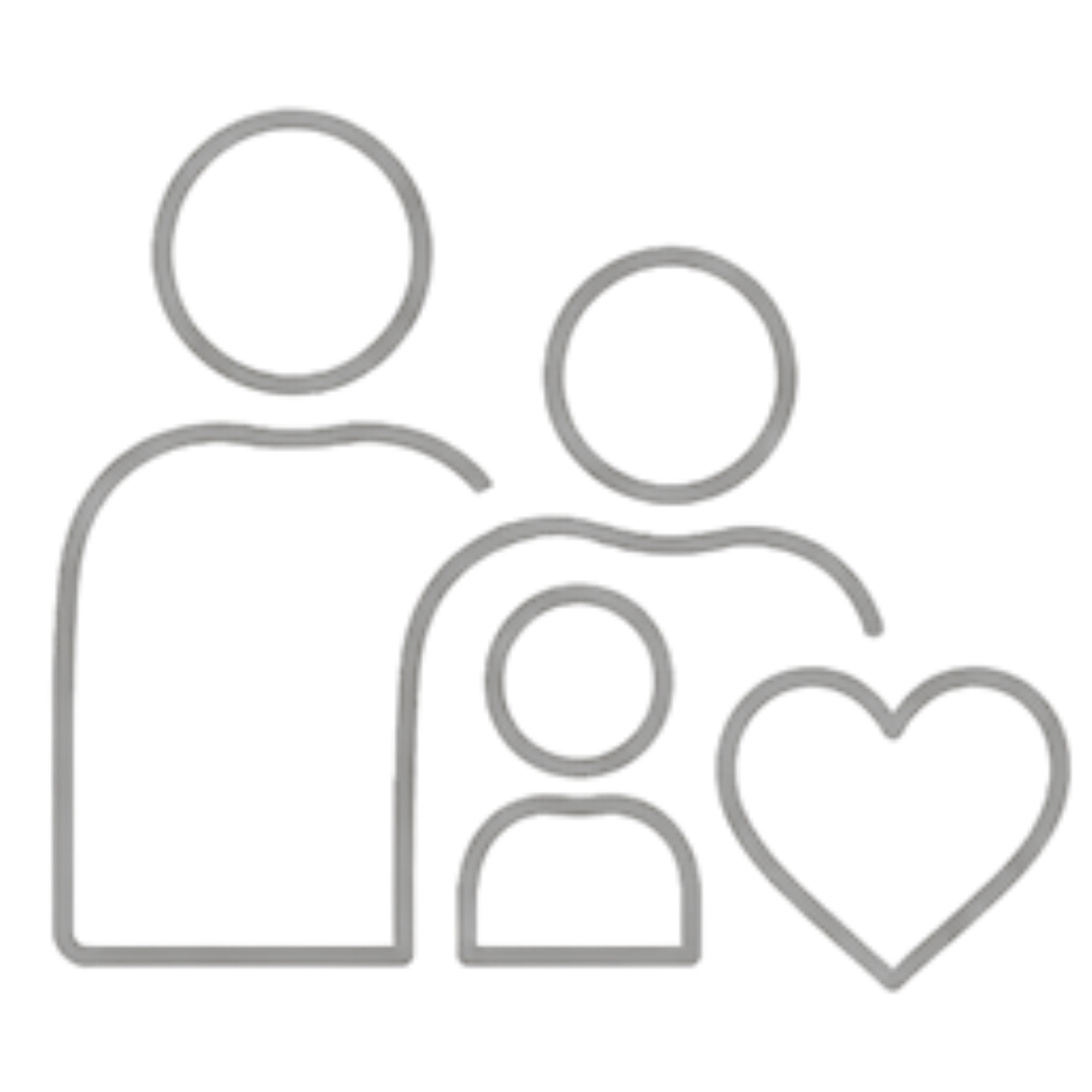 Outline of two adults, one child, and a heart symbol representing family and love.