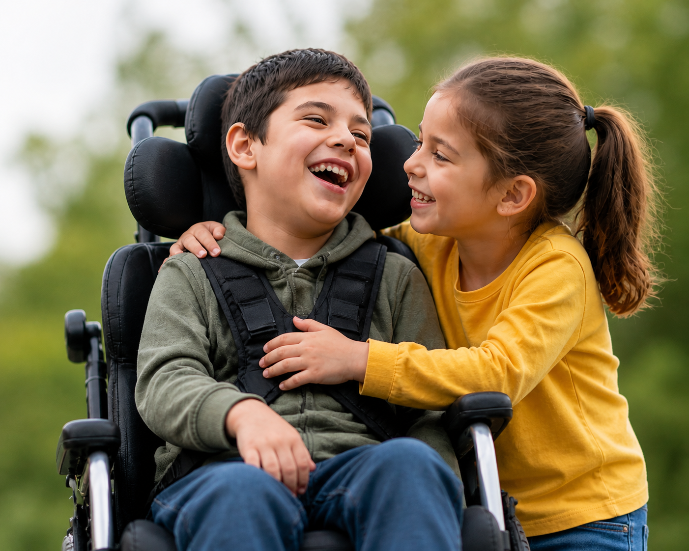 Girl in yellow shirt hugging and laughing with boy in wheelchair outdoors.