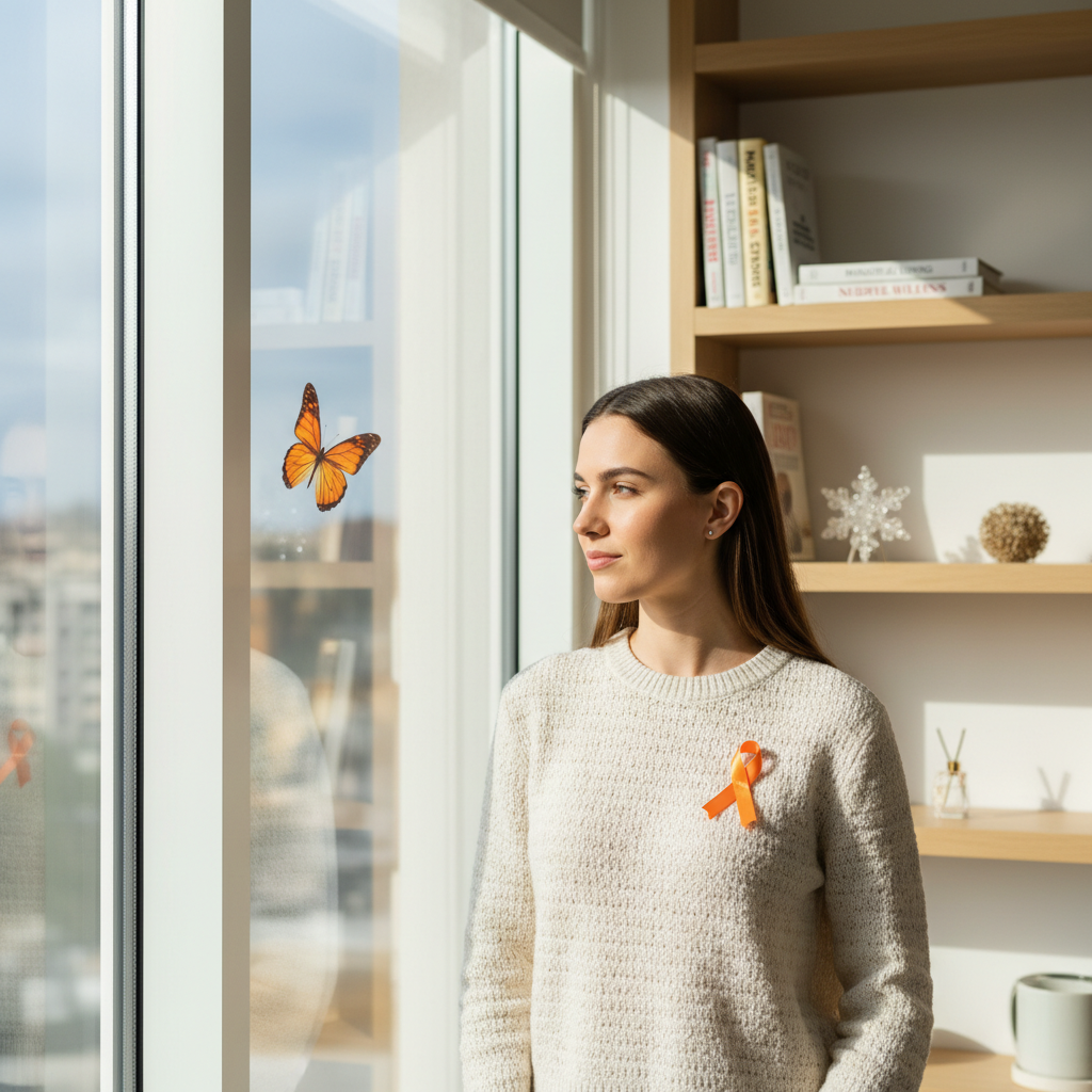 Woman with orange ribbon on sweater looking at an orange butterfly on a window in a sunlit room.