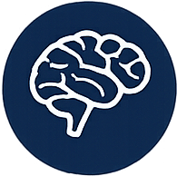 White brain outline icon on a dark blue circular background.