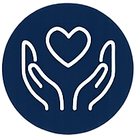 Two hands holding a heart icon inside a dark blue circle.