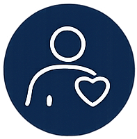 Icon of a person with a heart symbol near their chest representing personalized care.