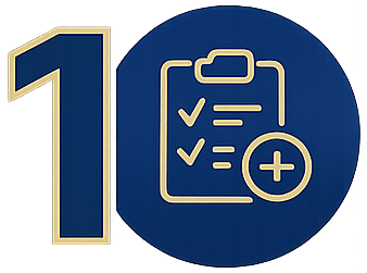 Number one beside a checklist icon with two check marks and a plus sign in a blue circle.